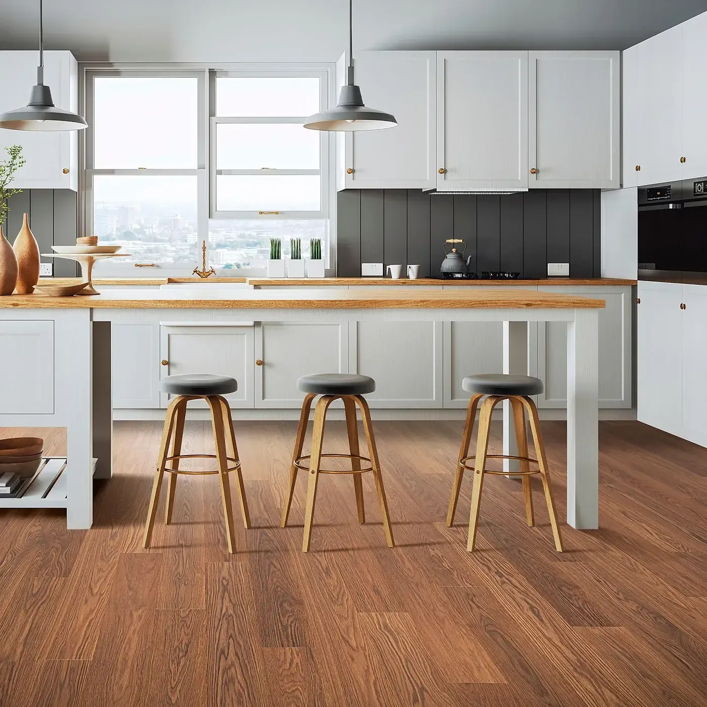 Mohawk Laminate in a rich reddish-brown wood color in a kitchen | Fantastic Floors