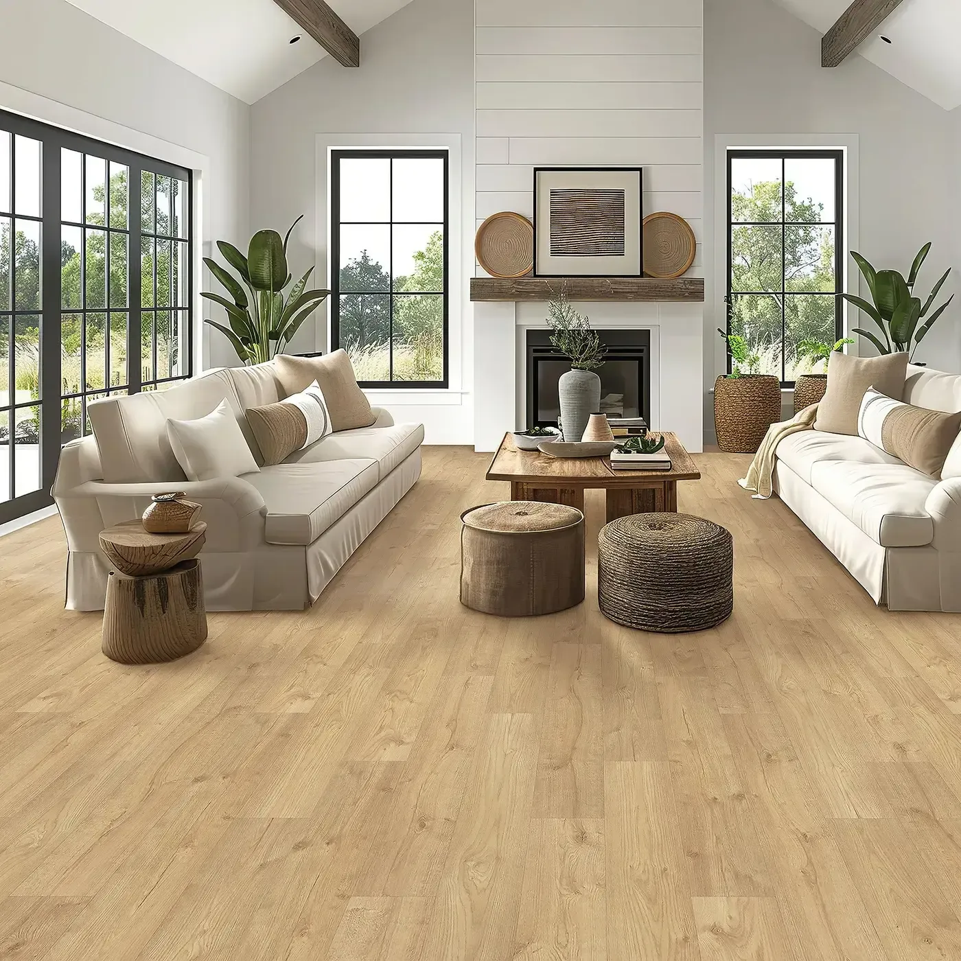 Mohawk Laminate in a light natural wood color in a living room with two white sofas | Fantastic Floors