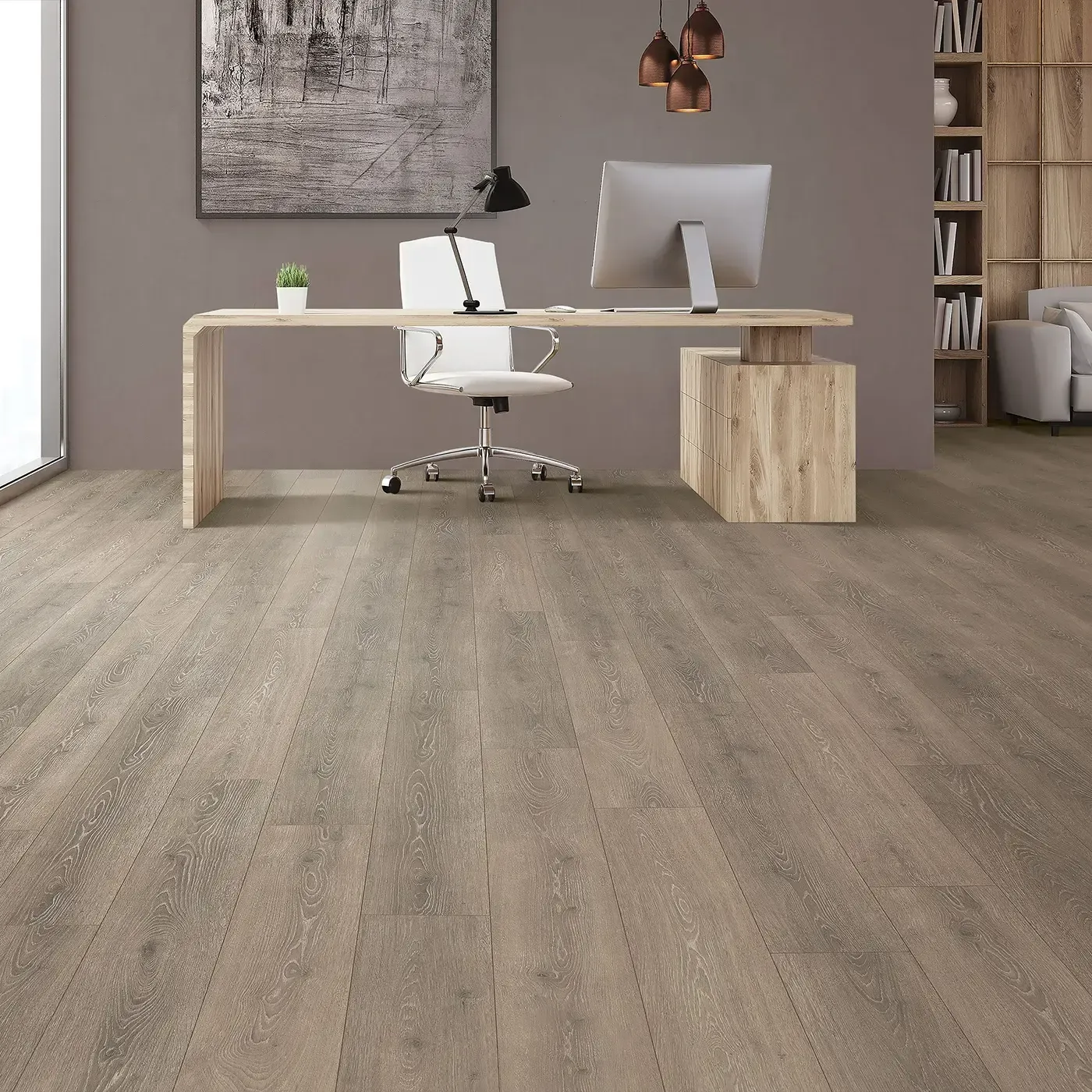 Mohawk Laminate in a gray-brown wood tone in a home office | Fantastic Floors