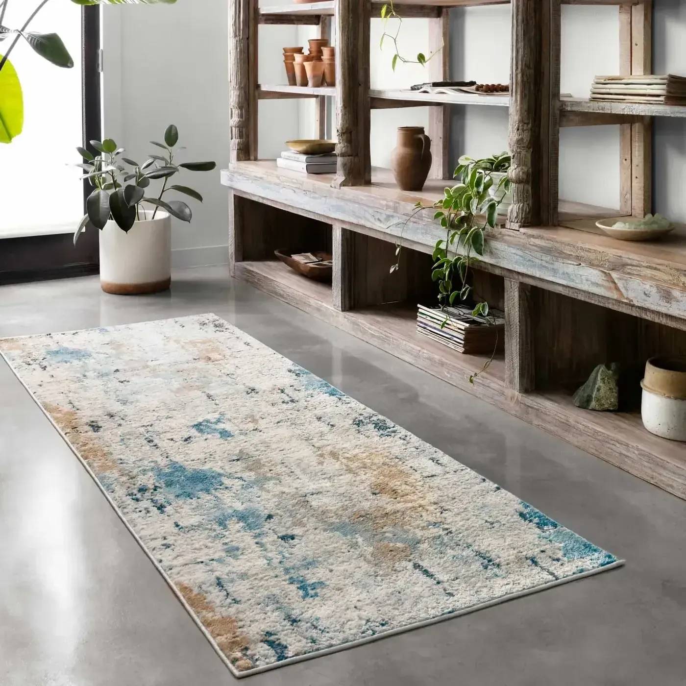 Loloi area rug in a distressed white, blue, and brown abstract pattern | Fantastic Floors