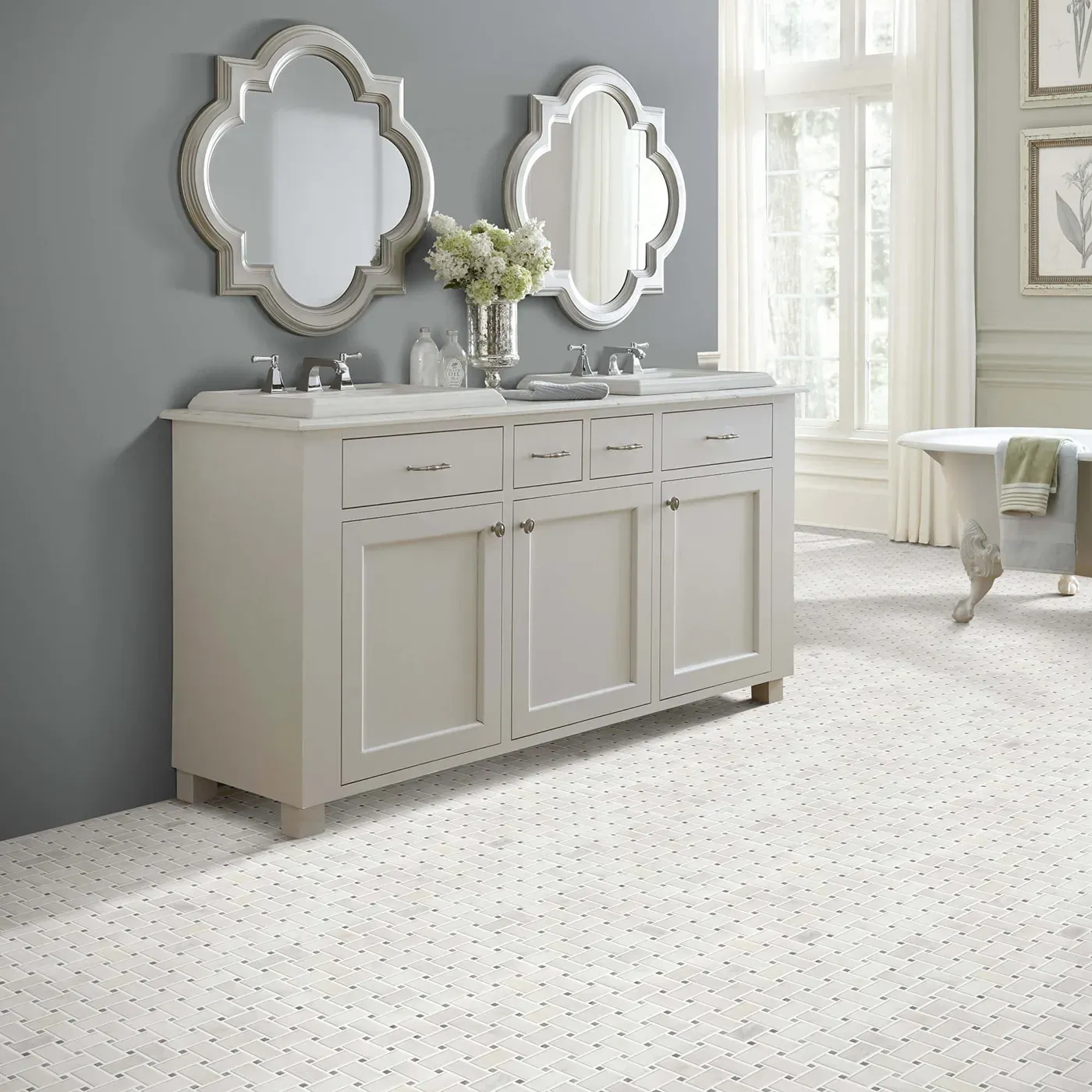Shaw Floors Channel white basket weave mosaic tile in a bathroom | Fantastic Floors