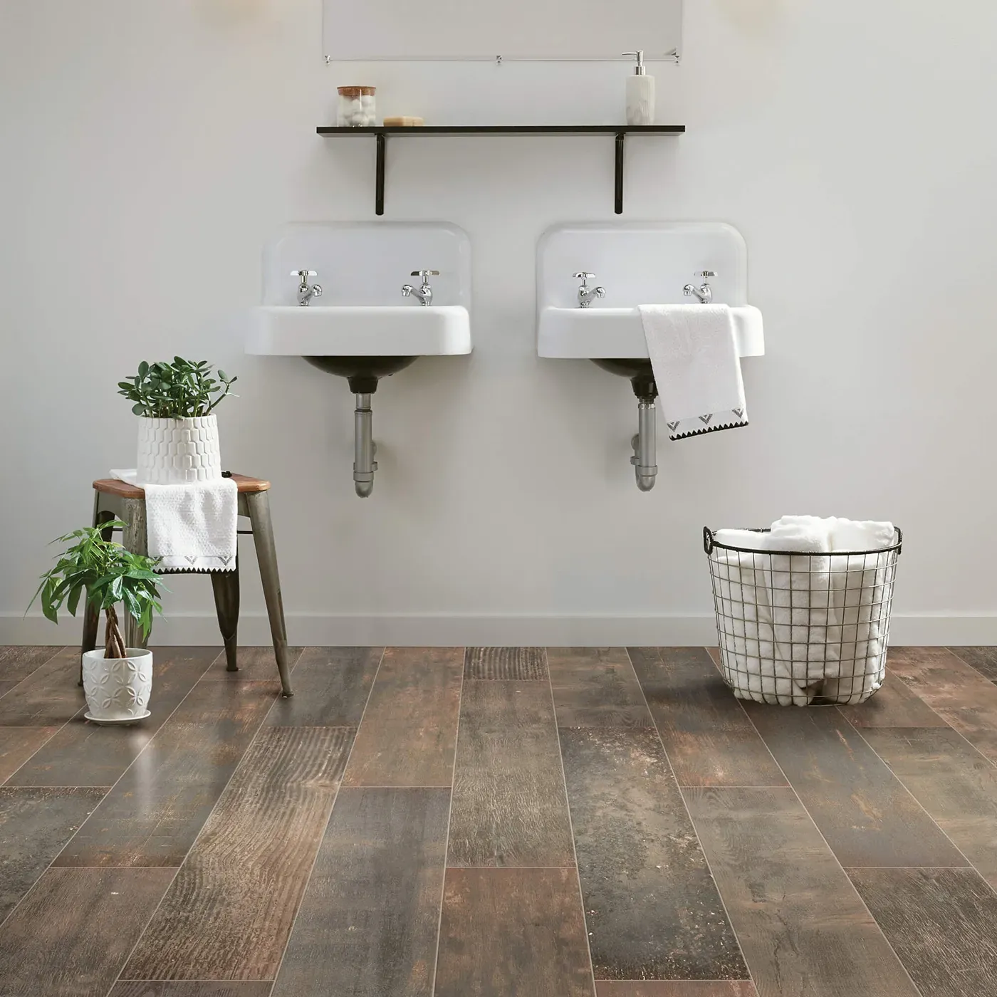 Shaw Floors tile with a dark, burned wood look, in a bathroom | Fantastic Floors