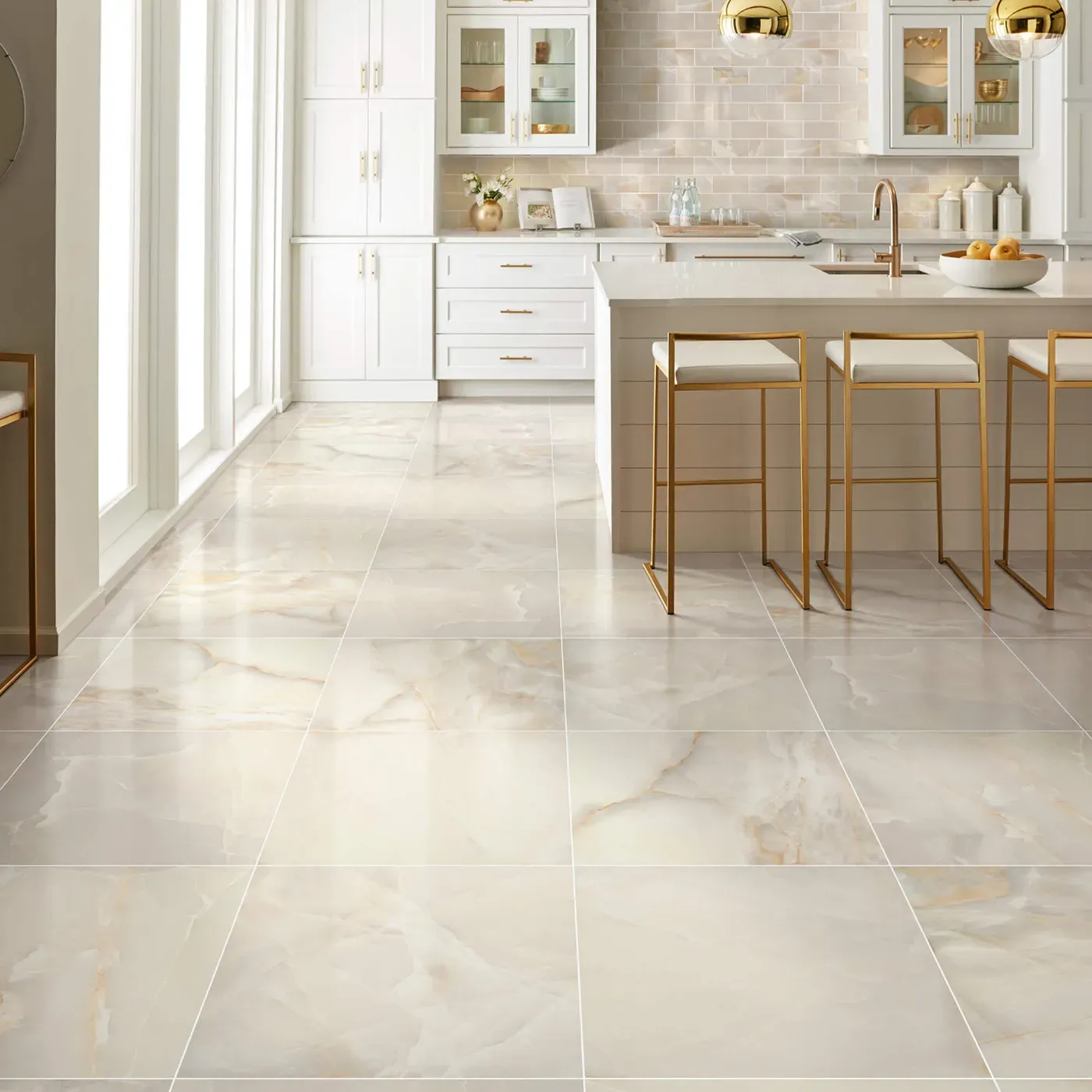 Shaw Floors Beige polished tile with subtle veining in a white kitchen | Fantastic Floors
