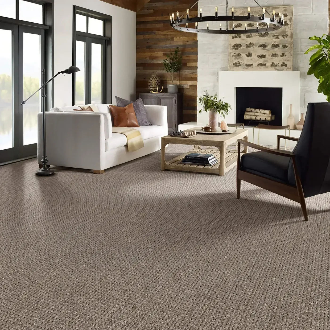 Brown Textured Shaw Floors carpet in rustic living room | Fantastic Floors