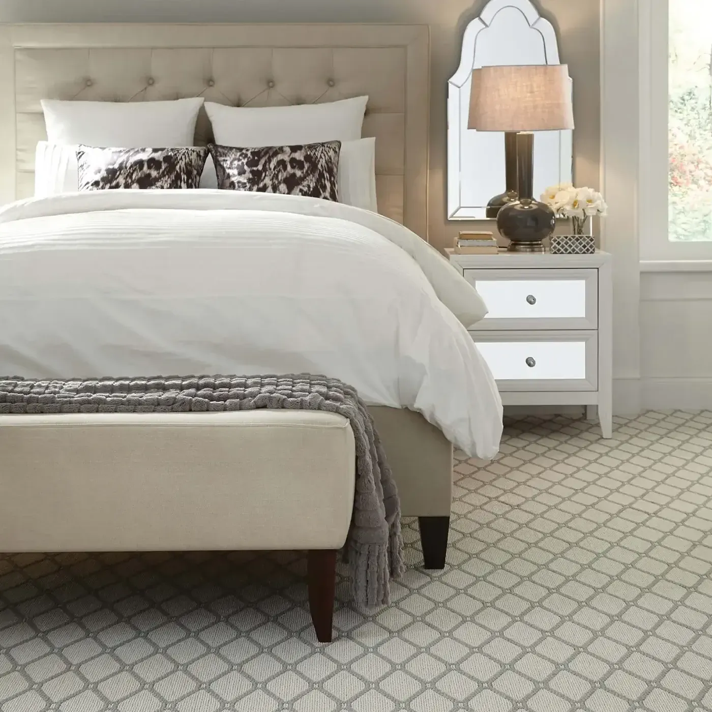 White and gray patterned carpet in a bedroom | Fantastic Floors