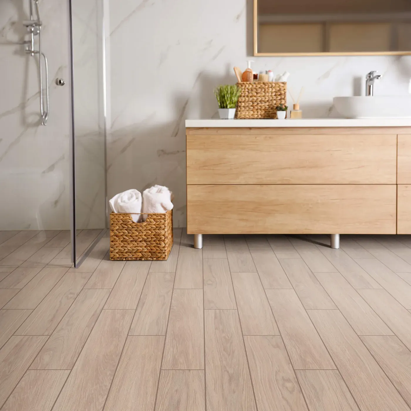 Shaw Floors tile with a light wood look, in a modern bathroom | Fantastic Floors