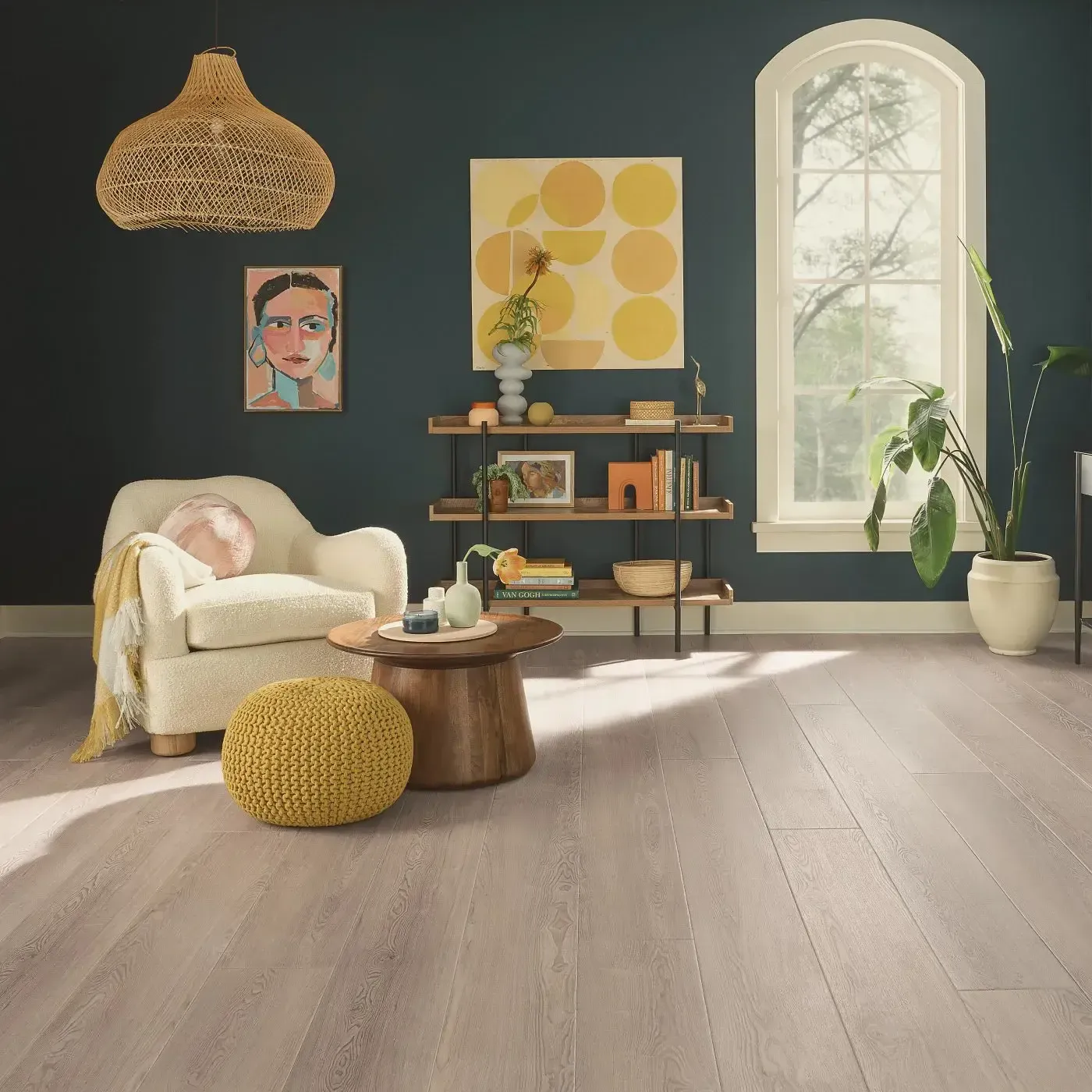 COREtec Luxury Vinyl in a light grayish-brown wood tone in a living room | Fantastic Floors