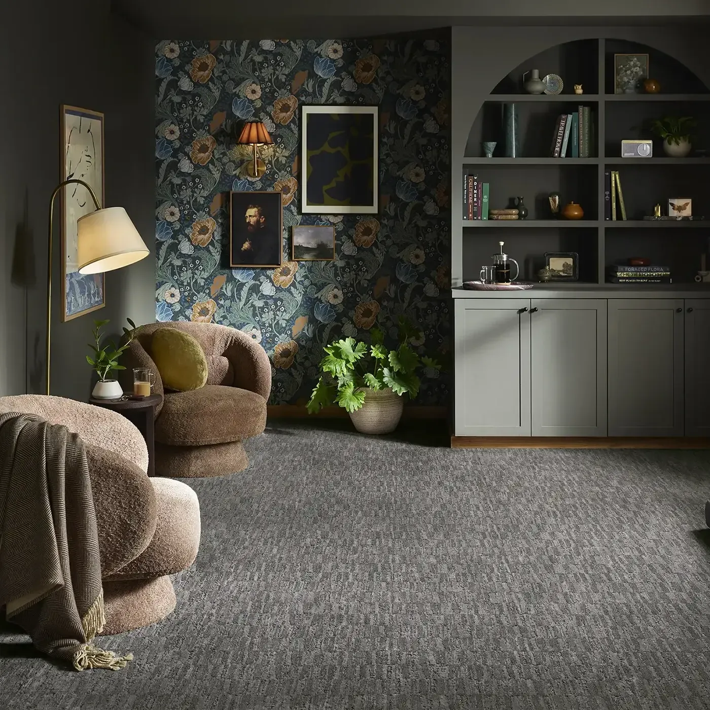 Dark gray Shaw Floors carpet in a botanical themed sitting room | Fantastic Floors